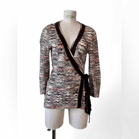 VTG Y2K Missoni Wrap Cardigan Sweater Multicolor Chevron Merino Wool Italy Sz 8 - Picture 6 of 10